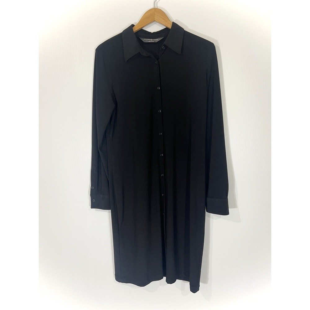 Norma Kamali Midi Knit Shirt Dress Black Long Sleeve Button Down Sz L Minimalist - Picture 2 of 11